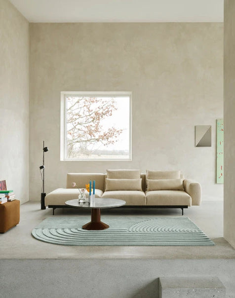 Midst Coffee Table 90 Grey Marble Dark Red sofa
